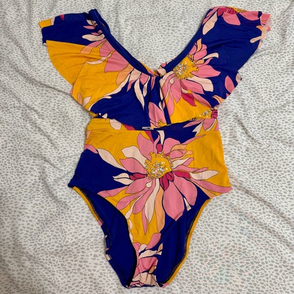 Trina Turk Breeze Ruffle Plunge Floral Tie Back One Piece Swimsuit Size 12 - Picture 4 of 8